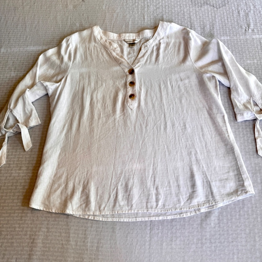 Christopher & Banks White Linen Blend Henley Blouse XL 3/4 Tie Sleeve
